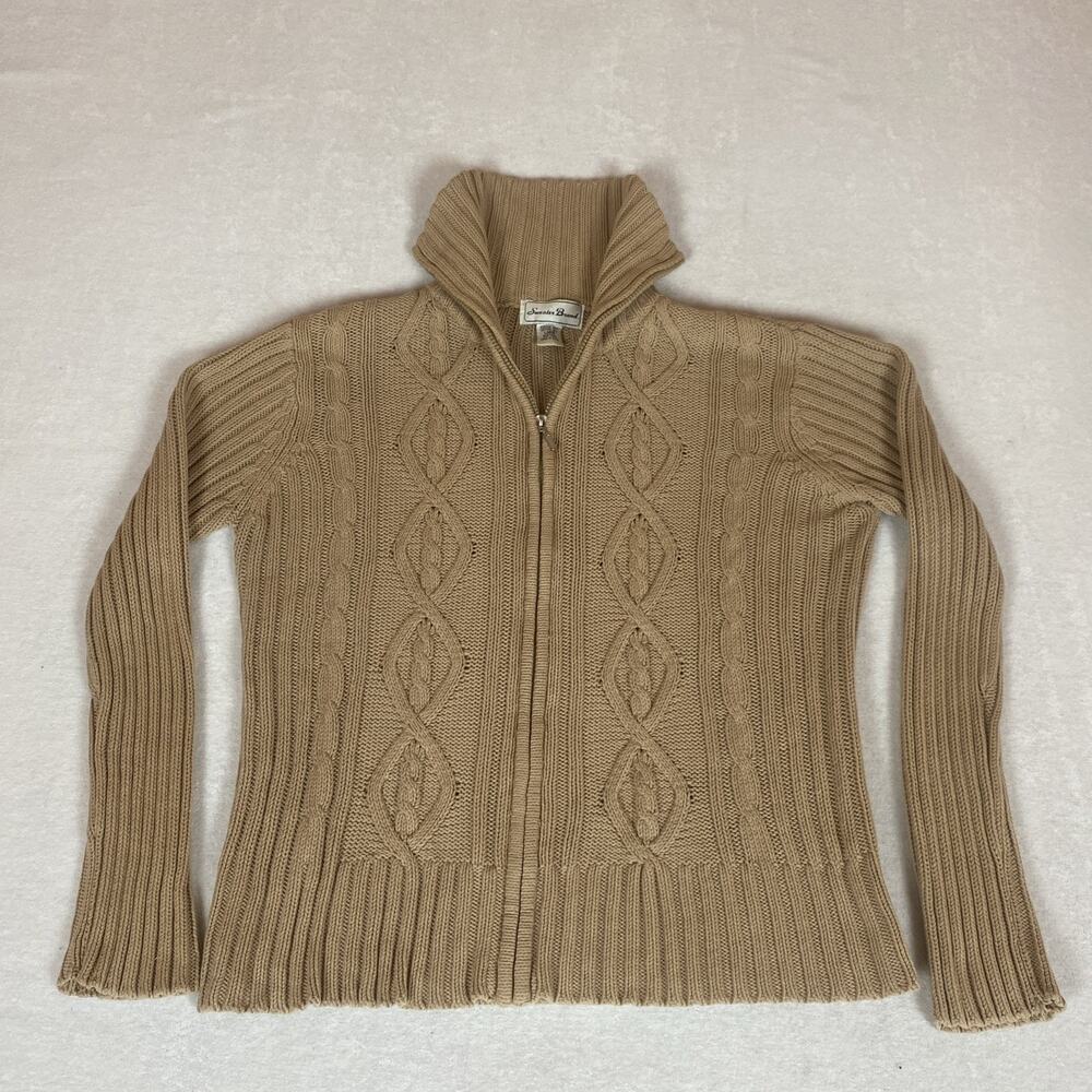 Y2K Beige Full Zip Heritage Preppy Mock Neck Ribbed Chunky Cable Knit Sweater